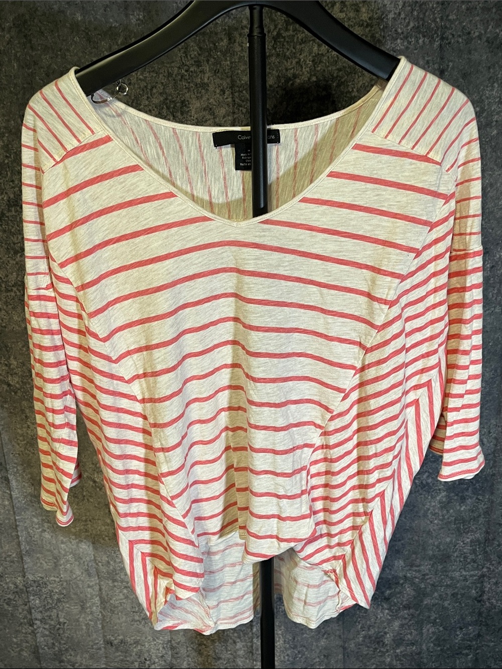 Calvin Klein Cream and Coral Striped V-Neck Long Sleeve Top